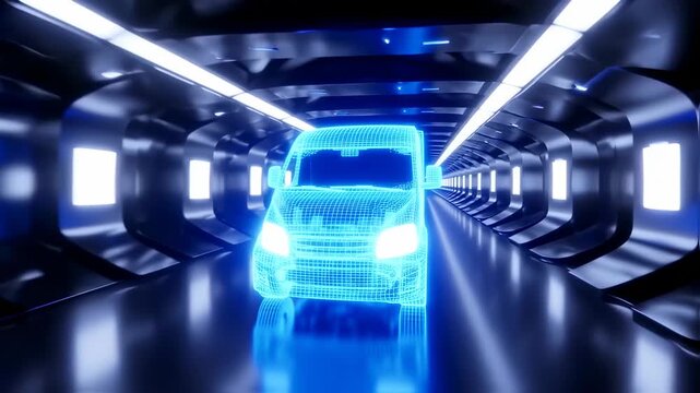 Futuristic tunnel interior with a glowing, wireframe van