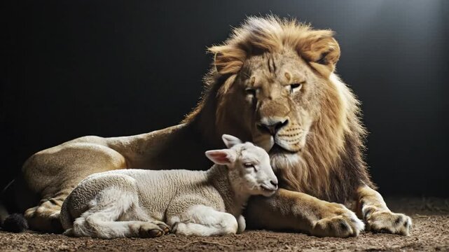 The majestic lion and a gentle lamb share a tender moment of peace and companionship, displaying a unique bond.