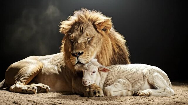The lion and the lamb: A tender moment of peace and affection between two unlikely animal friends.