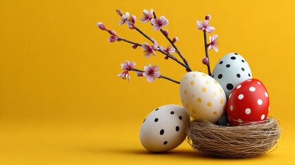 Obraz premium Colorful Easter eggs in a nest with cherry blossom branches on a bright yellow background, featuring polka dots and solid colors, ideal for spring-themed designs and holiday celebrations