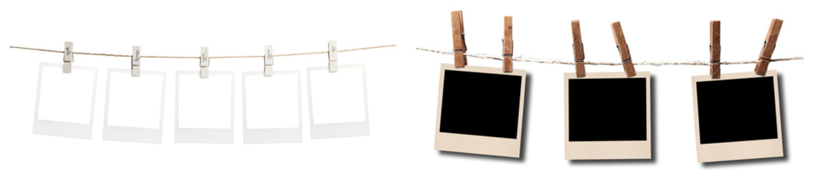 empty instant photo frames on a string with wooden clothespins, perfect for displaying cherished memories and creative projects.
