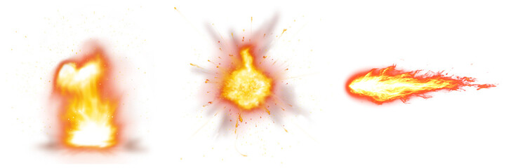 set of three dynamic cartoon-style fire explosions and a fiery comet or meteor streak, perfect for game design elements. © Akbar