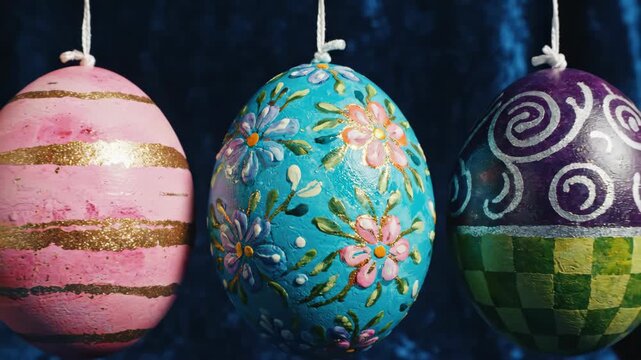 Five colorful decorated Easter eggs hanging against blue velvet