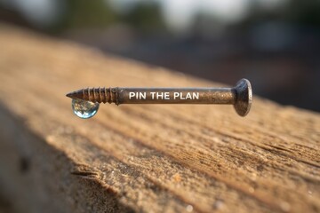 Nail with Water Droplet on Wood Surface