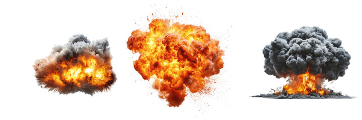 powerful and realistic large-scale explosions with intense fire and billowing smoke clouds against a black backdrop. © Akbar