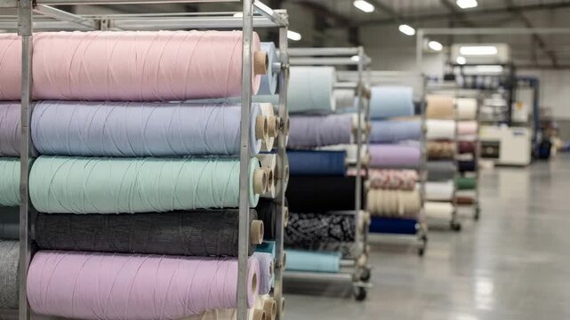 Jersey pajama fabric rolls arranged on industrial racks emphasizing stretchy knit textures and diverse colors in a manufacturing setting.