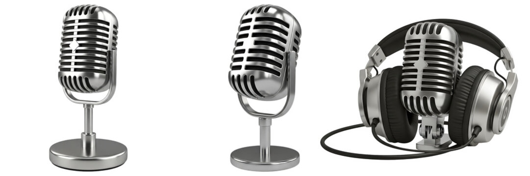 3d render of classic chrome microphones and studio headphones, for podcasting, radio, and professional audio content.