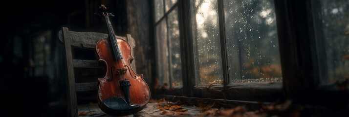 Close-up of an Antique Violin Near a Foggy Window and a Wooden Chair in a Rustic Wooden Cabin with Cinematic Light and Autumn Leaves Create a Nostalgic, Melancholic Mood. Generative Ai.
