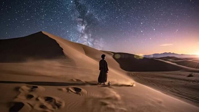 Lone figure in robe standing on sand dune gazing at starry night sky with milky way and mountains