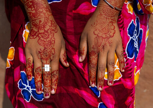 Hands with henna of a christian woman from Santal ethnic group, Rajshahi Division, Tanore, Bangladesh