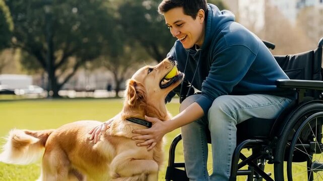 Joyful bonding: man in wheelchair plays with energetic dog in sunny park