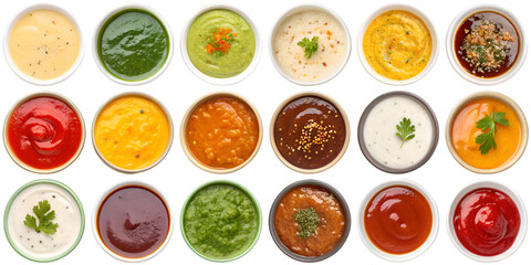 Fototapeta premium photograph of small white bowls in a grid, each filled with diverse condiments and dipping sauces.