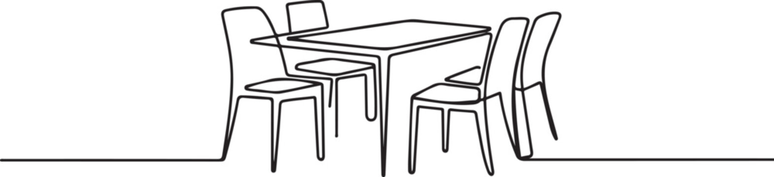 Modern dining room furniture set with table and four chairs.one line icon illustration with white background