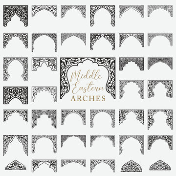 Arabic arch silhouettes digital set. Middle eastern frame bundle