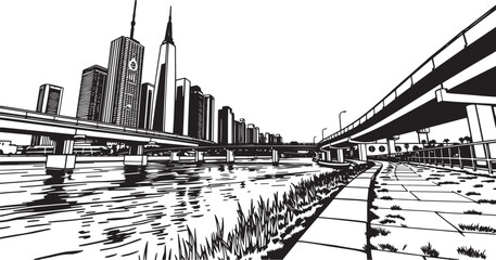 Naklejka premium City landscape. Different buildings on street, outline cityscape hand sketch, flat houses. Hand drawn vector illustration