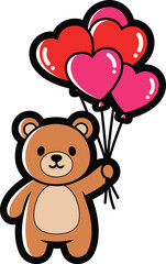 Cute brown cartoon teddy bear holding a bunch of four glossy red and pink heart-shaped balloons with black outlines, isolated on white background