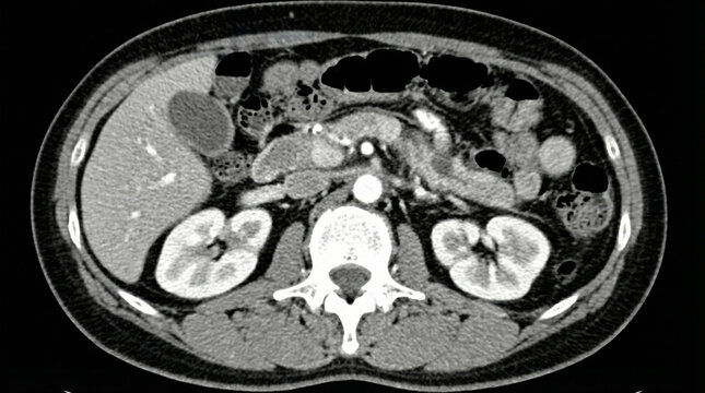 A black and white medical CT scan cross-sectional image of the human abdomen.