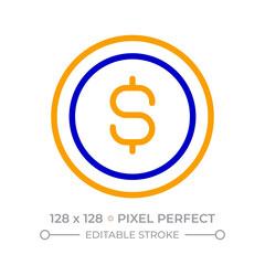 Obraz premium Coin with dollar sign pixel perfect two color line icon. Cash money for payment. Financial income and savings bicolor outline symbol. Duotone linear pictogram. Isolated illustration. Editable stroke