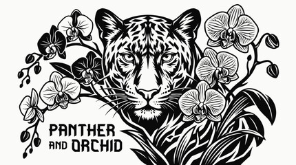 Obraz premium panther face combined with orchid floral elements in dramatic ornamental tattoo design illustration expressing artistic mystical nature symbol aesthetic decorative ink concept