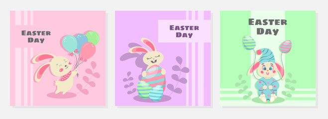 Set of cute Easter greeting cards with happy rabbit characters and colorful eggs. Creative spring holiday post template with bunny and balloons.