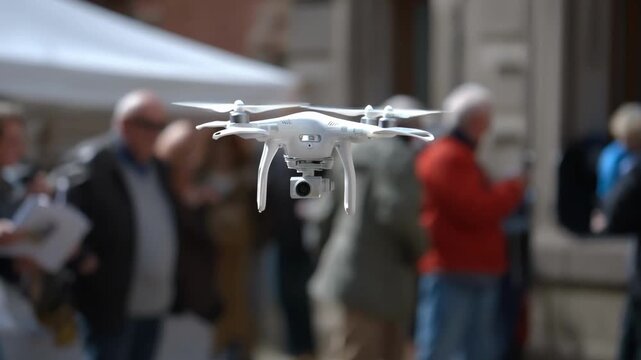 Sleek flying drone descending to distribute event brochures emphasizing advanced robotics in dynamic public engagement.