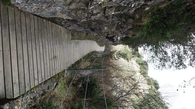 A narrow wooden boardwalk or path winding along a steep rocky cliffside on one side and a forest of bare and evergreen trees on the other, under an overcast sky.