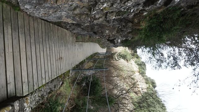 A narrow wooden boardwalk or path winding along a steep rocky cliffside on one side and a forest of bare and evergreen trees on the other, under an overcast sky.