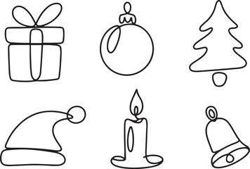 Obraz premium set of christmas one line doodles. christmas continuous on line drawing. gift box, christmas ball, christmas tree, santa claus hat, candle and bell.one line icon illustration with white background