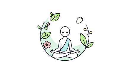 Obraz premium Person meditating in lotus position surrounded by leaves and flowers in a serene natural setting for wellness and mindfulness concepts