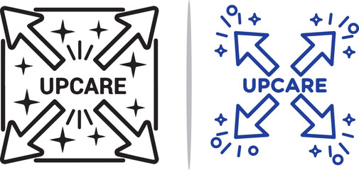 Two vector icons featuring the word "UPCARE" surrounded by four outward-pointing arrows and sparkling stars, representing expansive growth, comprehensive care, and high-quality improvement.