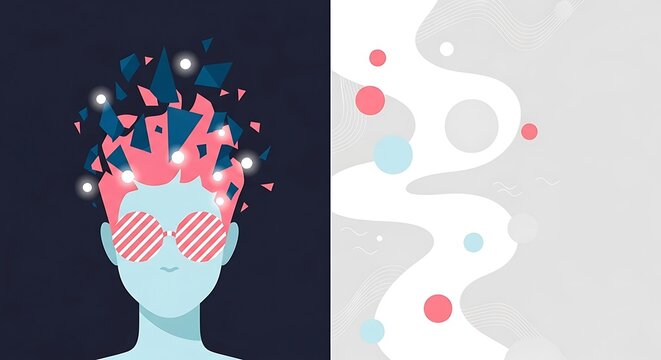 Abstract illustration of person with exploding head and geometric shapes
