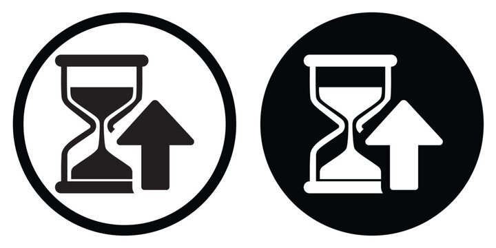 Minimalist hourglass icon with an upward arrow in flat black and white styles. Symbolizes time management, efficiency, progress, and increasing duration for UI/UX design and business apps.