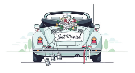 Just married car with flowers and cans in vintage illustration style © Gimhana