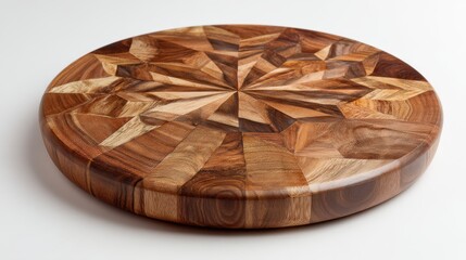 Round wooden cutting board with geometric pattern. Kitchenware for food preparation and serving. Rustic home decor and craftsmanship.