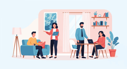 A casual meeting unfolds in a cozy, modern interior with focused workers