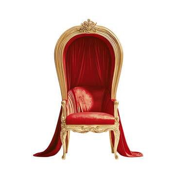 Red velvet throne chair with gold ornate frame isolated on a transparent background