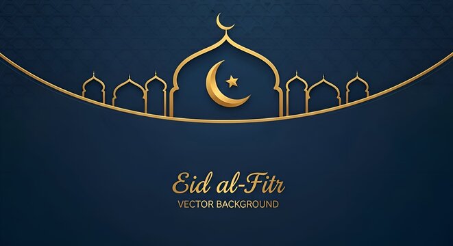 Elegant Islamic vector background celebrating Eid al-Fitr with a golden mosque silhouette and crescent moon design on a dark blue textured backdrop, perfect for festive greetings and digital art