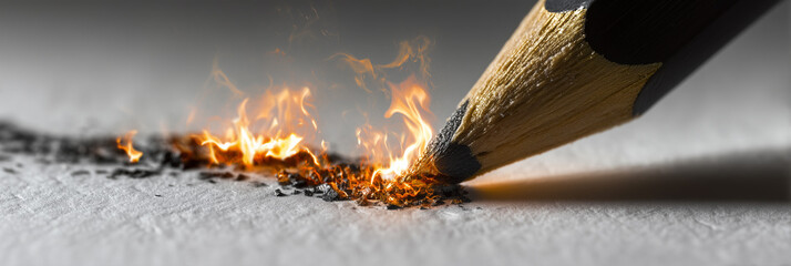 Extreme Close-up of a Pencil Igniting as it Draws, Burning the Paper to Symbolize Explosive Creativity and Unstoppable Inspiration. Ideal for Business, Education and Artistic Concepts. Generative Ai.