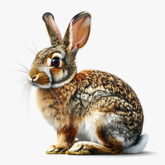 Cute Wild Rabbit Sitting on White Background, Detailed Fur Texture