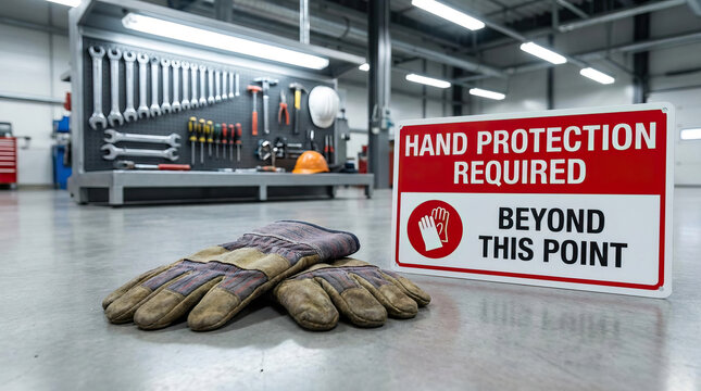 Hand protection required sign with work gloves on floor in industrial workshop with tools and safety helmets in background, emphasizing safety and caution in workplace environment