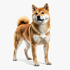 Shiba Inu Dog Standing Alert, Classic Red Coat, White Background
