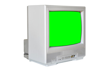Old CRT TV with green screen for chromakey isolated on white background.