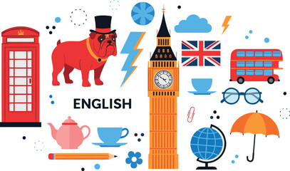 English language and British culture illustration with London landmarks tea telephone box bus and iconic symbols colorful flat vector design for education and travel themes © Yevhenii creative