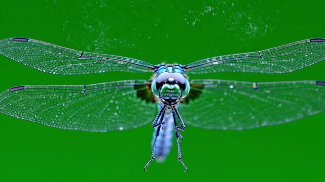 A close-up view of a blue dragonfly with transparent wings isolated on a green background, showcasing its intricate details and vibrant color