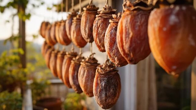 Rows of whole persimmons hang drying in sunlight, showing traditional method of preserving fruit for organic food and healthy snack markets. Drying process highlights persimmon as natural product.