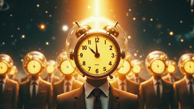A businessman with a clock for a head leads a group of suited men with clock heads in a dark room illuminated by a bright light