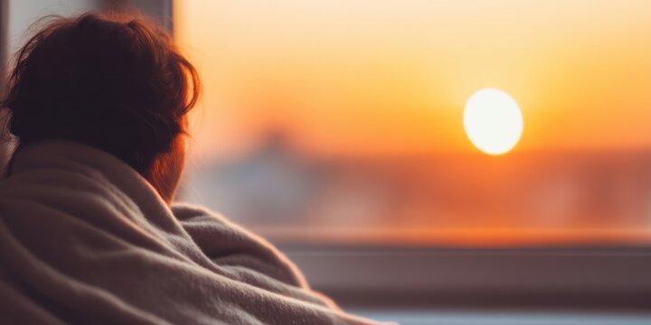 Thoughtful Woman Wrapped in Cozy Blanket Gazing at Golden Sunset from Window Quiet Evening Reflection and Emotional Wellness Lifestyle