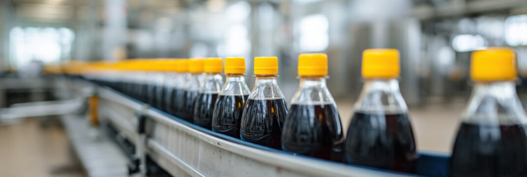 Conveyor belt with bottled beverages in modern production line assembly