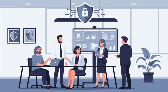 Business cyber security vector illustration of a team meeting around a table with data analysis on screen