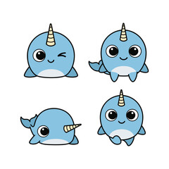 Cute cartoon narwhals with different facial expressions isolated on white background © Jamila Store